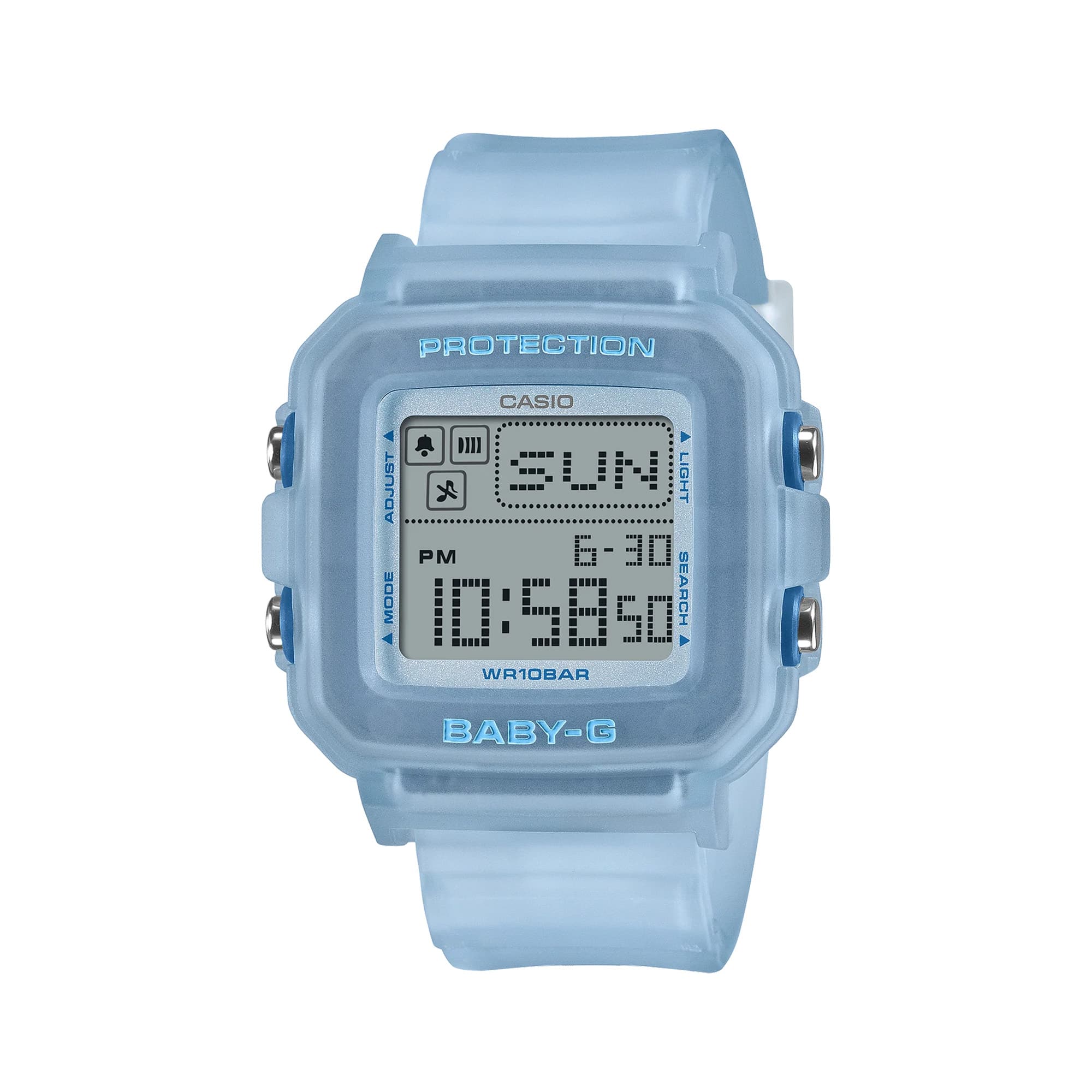 The Casio Baby-G Digital 39mm Women's Watch BGD10KG-2D features a translucent blue glitter square resin case with sparkling embedded glitter, digital LCD display with rotating pixel-art animations, and matching translucent blue glitter band — Baby-G+PLUS convertible design.