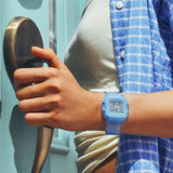 Worn on the wrist, the Casio Baby-G BGD10KG-2D demonstrates the compact, lightweight square translucent glitter case — a playful Y2K-inspired accessory for everyday and active wear
