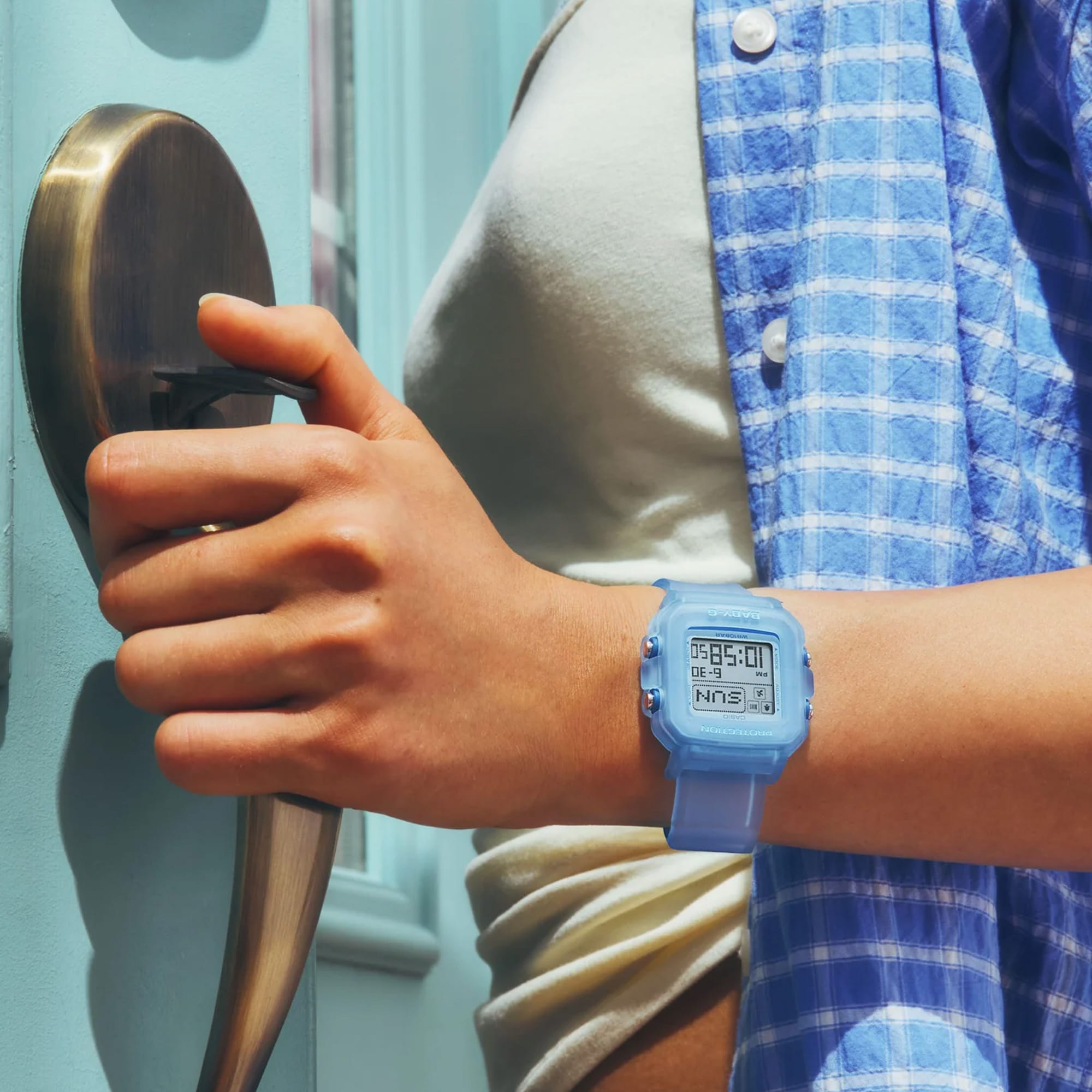 Worn on the wrist, the Casio Baby-G BGD10KG-2D demonstrates the compact, lightweight square translucent glitter case — a playful Y2K-inspired accessory for everyday and active wear