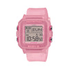 The Casio Baby-G Digital 39mm Women's Watch BGD10KG-4D features a translucent pink glitter square resin case with sparkling embedded glitter, digital LCD display with rotating pixel-art animations, and matching translucent pink glitter band — Baby-G+PLUS convertible design.