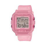 The Casio Baby-G Digital 39mm Women's Watch BGD10KG-4D features a translucent pink glitter square resin case with sparkling embedded glitter, digital LCD display with rotating pixel-art animations, and matching translucent pink glitter band — Baby-G+PLUS convertible design.