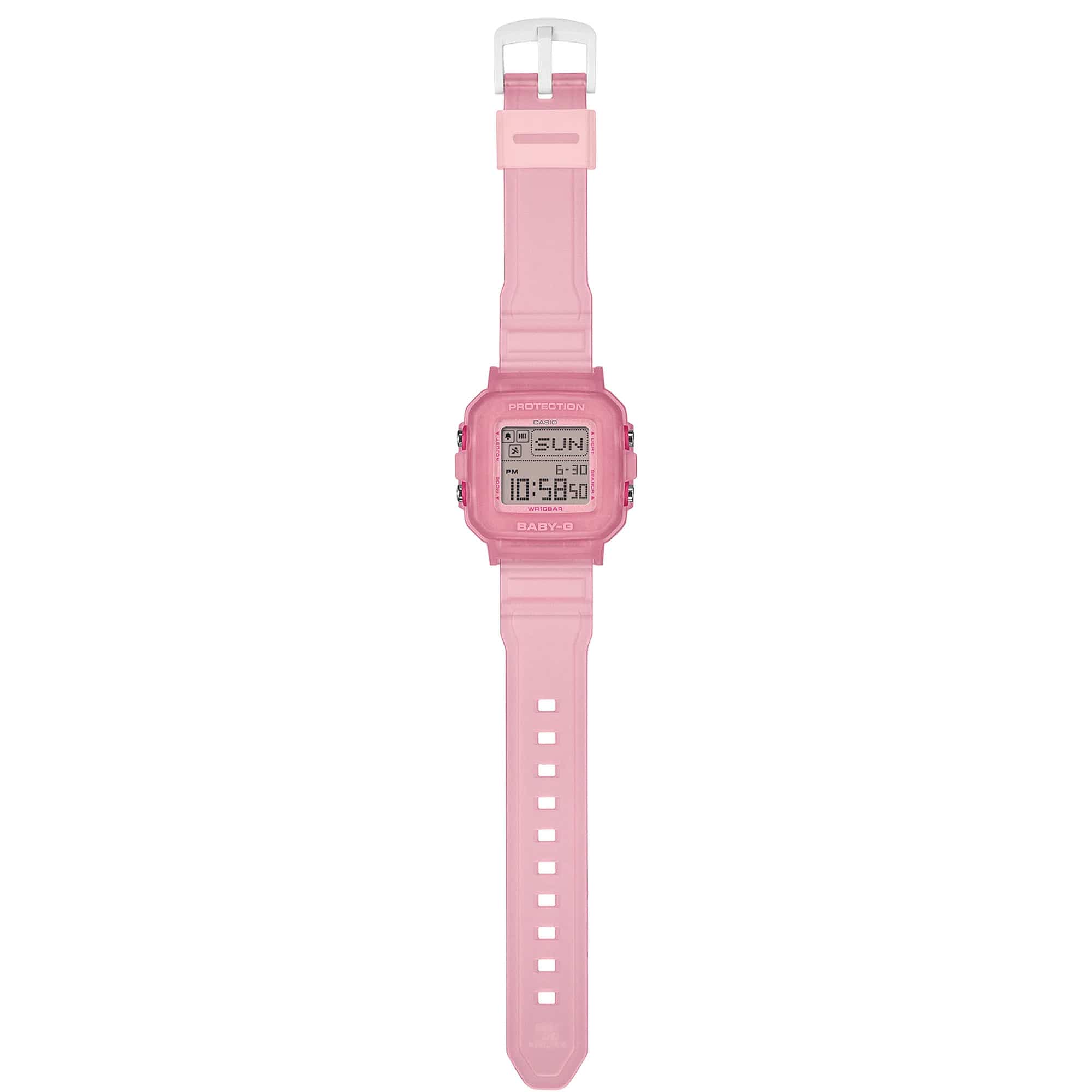 The Casio Baby-G BGD10KG-4D is fitted with a translucent pink glitter resin band with the included customisable silicone holder with acrylic panels shown alongside, confirming shock-resistant and 100-metre water-resistant construction.