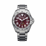 Citizen Promaster GMT BJ7150-50W - The red dial features crisp white markers, orange accents, and a fixed 24-hour GMT bezel for tracking a second time zone. A discreet date window sits at the 3 o'clock position.