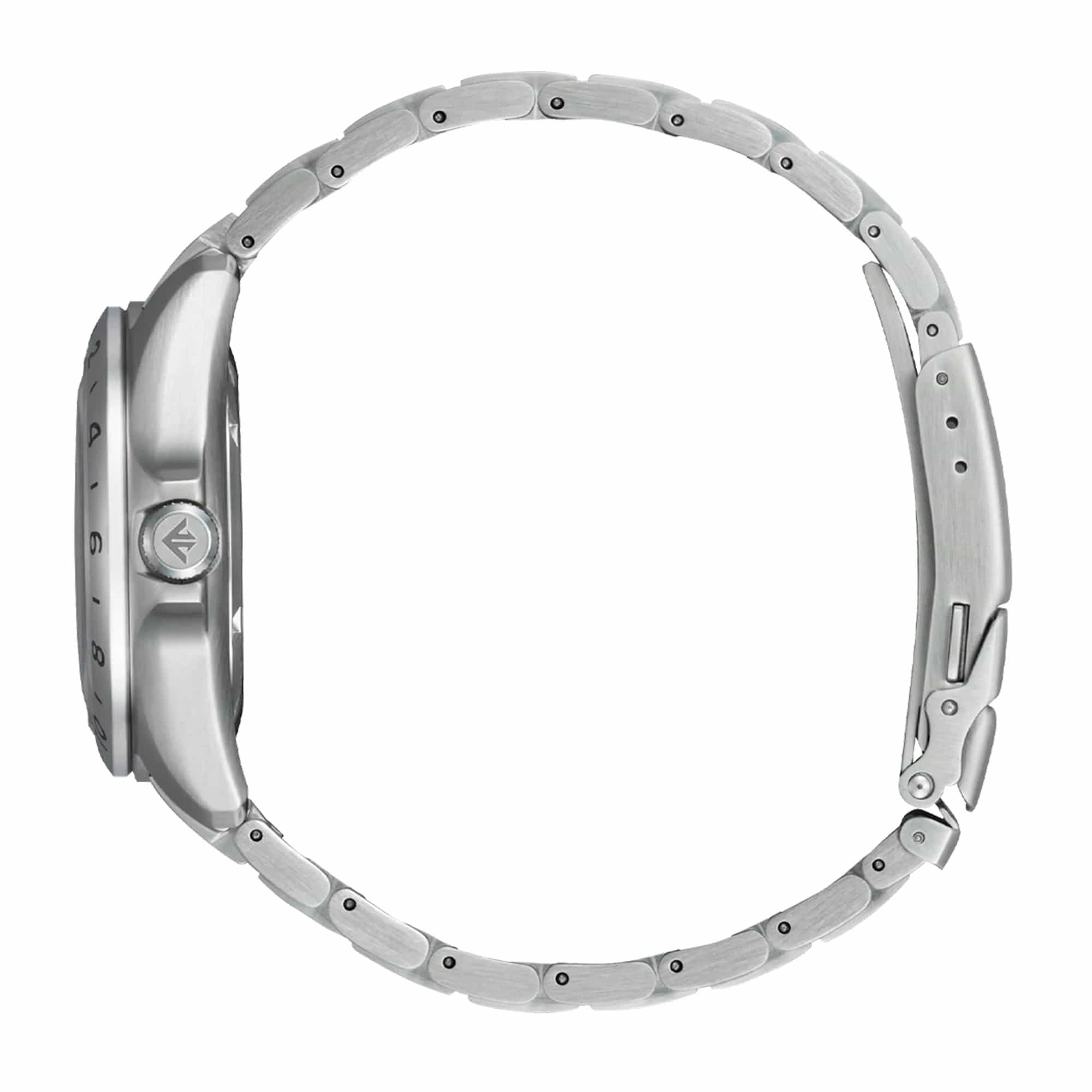 Citizen Promaster GMT BJ7150-50W - The curved sapphire crystal with anti-reflective coating rises gently above the red dial. The stainless steel case shows a clean, tool-watch profile built for durability.