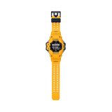 Casio G-Shock Rangeman GPRH1000-9D yellow bio-based soft urethane band featuring a non-slip textured surface for secure grip in wet conditions, the engraved Rangeman wildcat character silhouette on the band piece, and a robust double-pronged metal buckle clasp built for extreme field use.