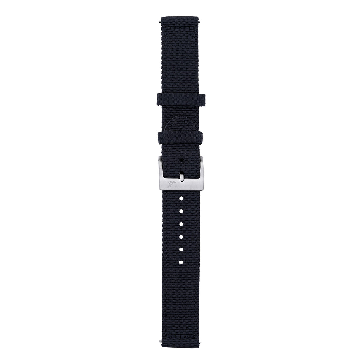 A dark navy blue nylon watch strap with a silver metal buckle, shown vertically against a plain white background.