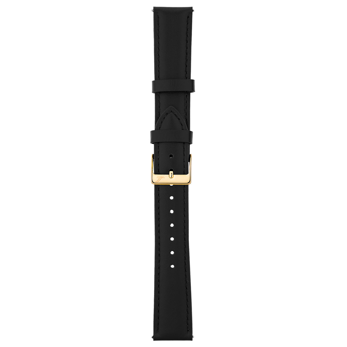 A black leather watch strap with a polished gold buckle, shown vertically against a plain white background.