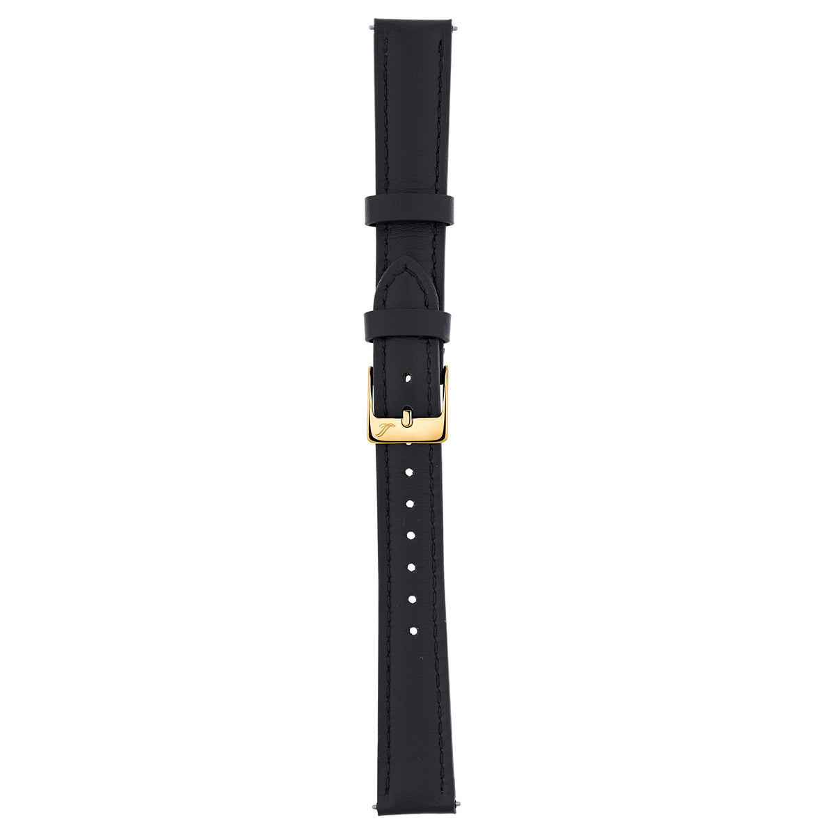 A black leather watch strap with a polished gold buckle, shown vertically against a plain white background.