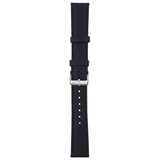 A black watch strap with a silver metal buckle, shown vertically against a plain white background.