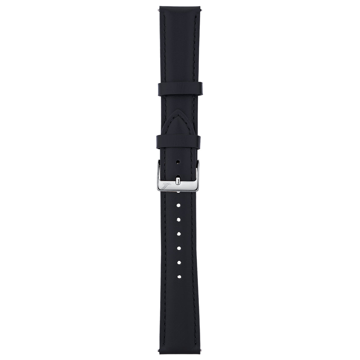 A black watch strap with a silver metal buckle, shown vertically against a plain white background.