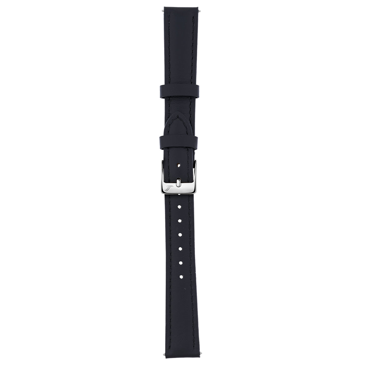 A dark navy blue watch strap with a silver metal buckle, shown vertically against a plain white background.