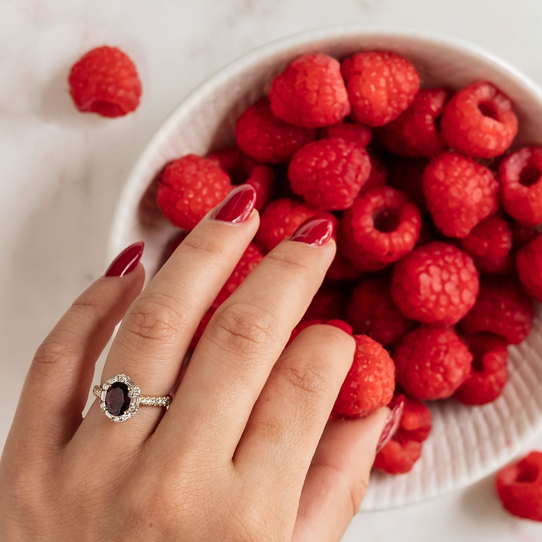Bluebird Rhodolite Garnet & 0.50ct TW Diamond Ring in 9ct Yellow Gold