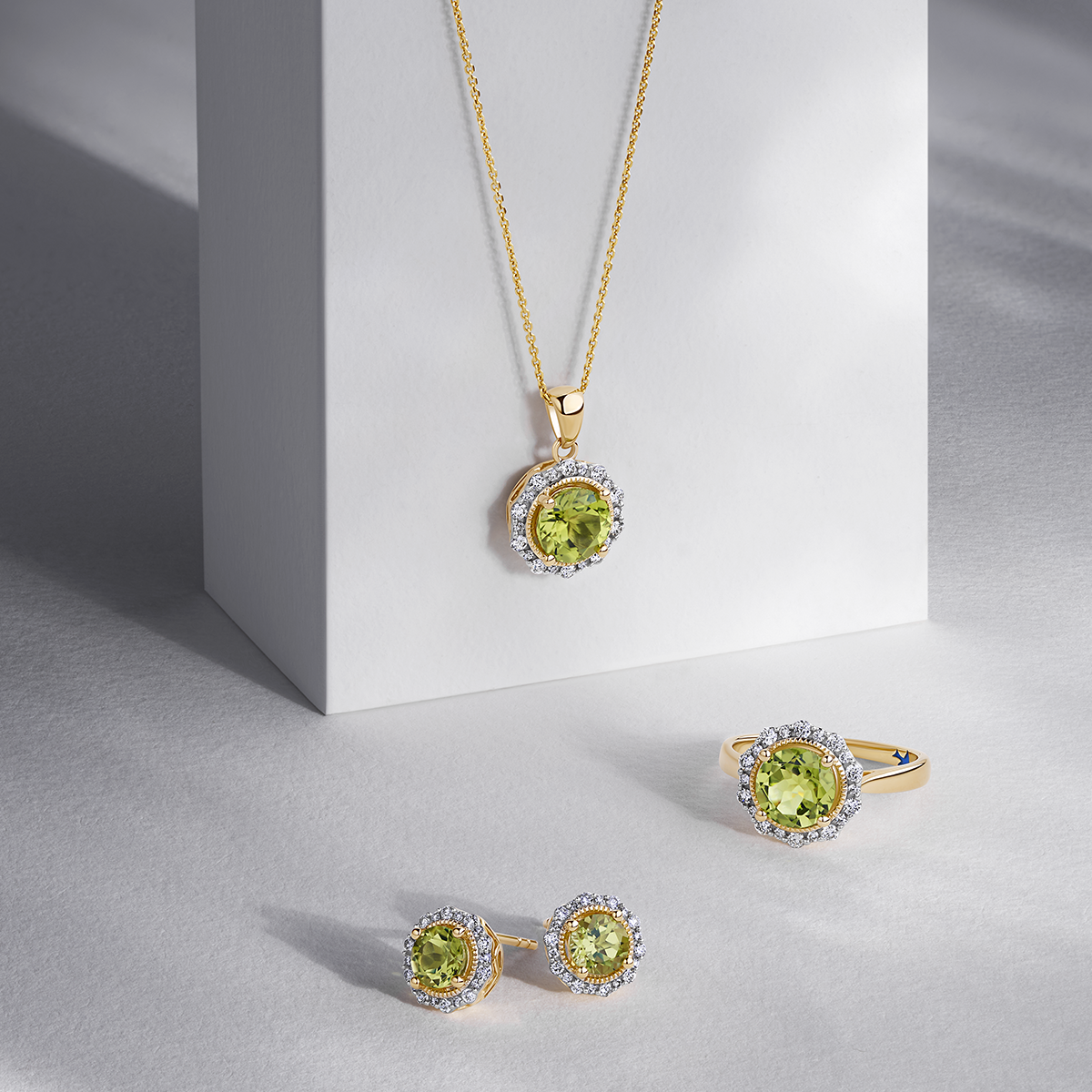 Bluebird Peridot & Diamond Pendant with Chain in 9ct Gold Chain