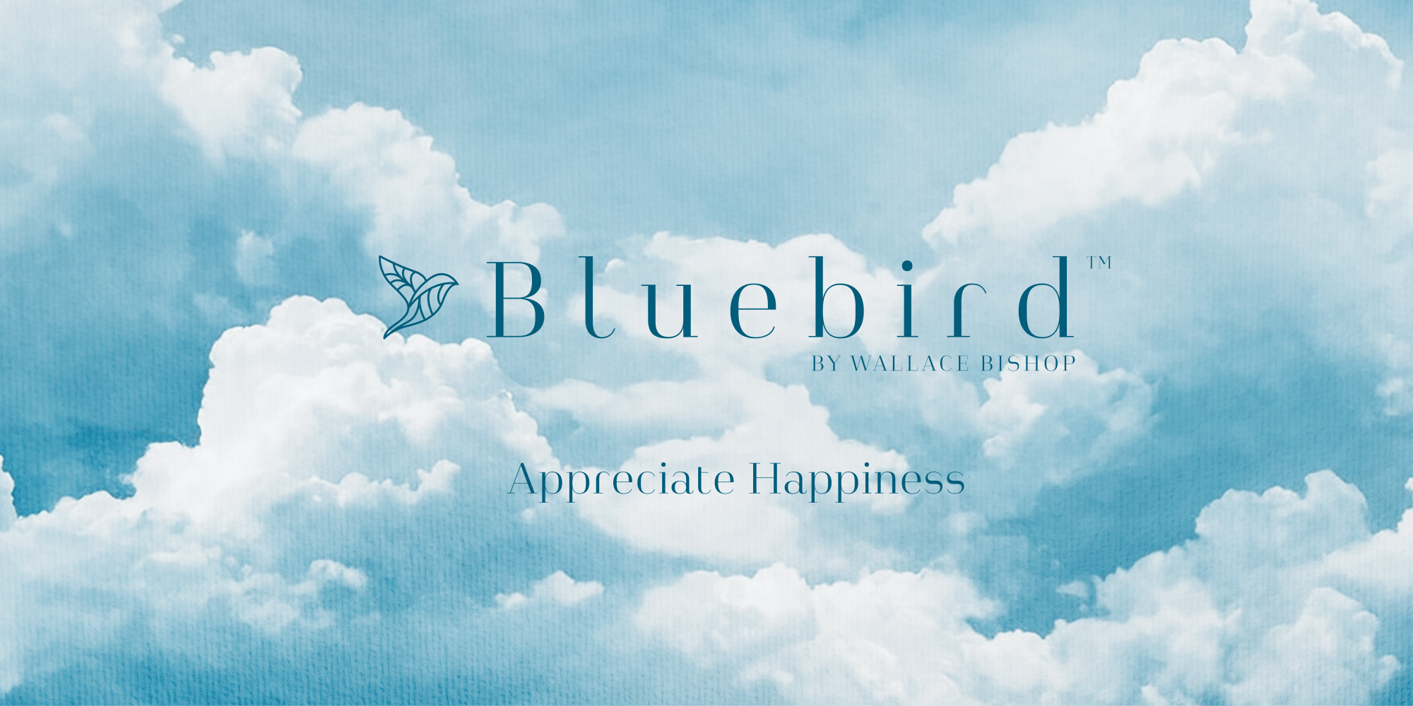 Bluebird by Wallace Bishop logo with 'Appreciate Happiness' text on a cloudy sky background