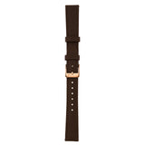 A dark brown leather watch strap with a rose gold buckle, shown vertically against a plain white background.
