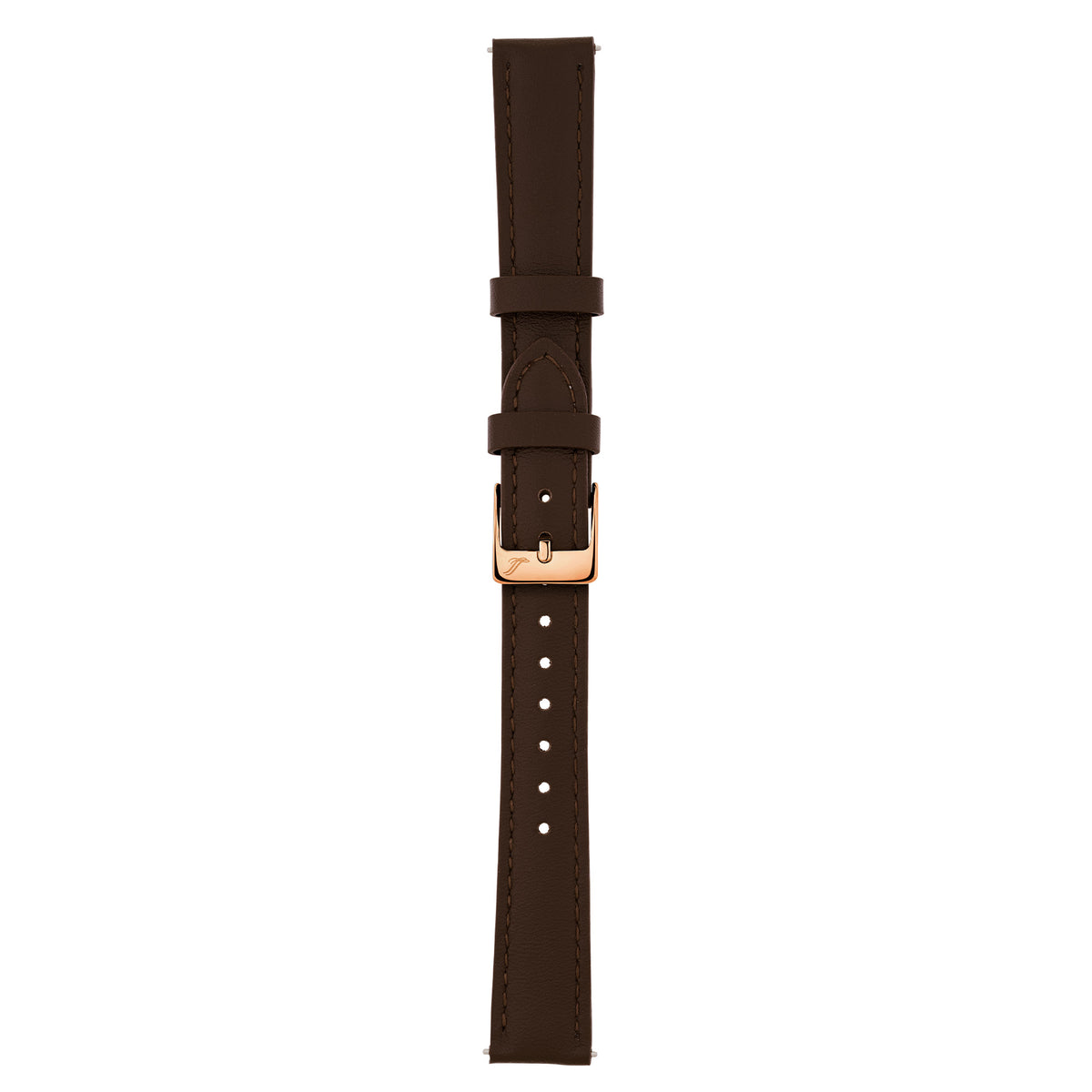 A dark brown leather watch strap with a rose gold buckle, shown vertically against a plain white background.