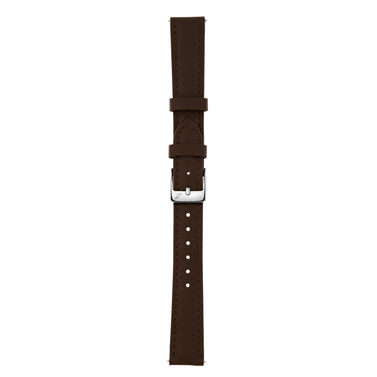 A dark brown leather watch strap with a silver-tone metal buckle, shown vertically against a plain white background.