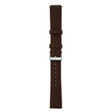 A dark brown leather watch strap with a silver-tone metal buckle, shown vertically against a plain white background.