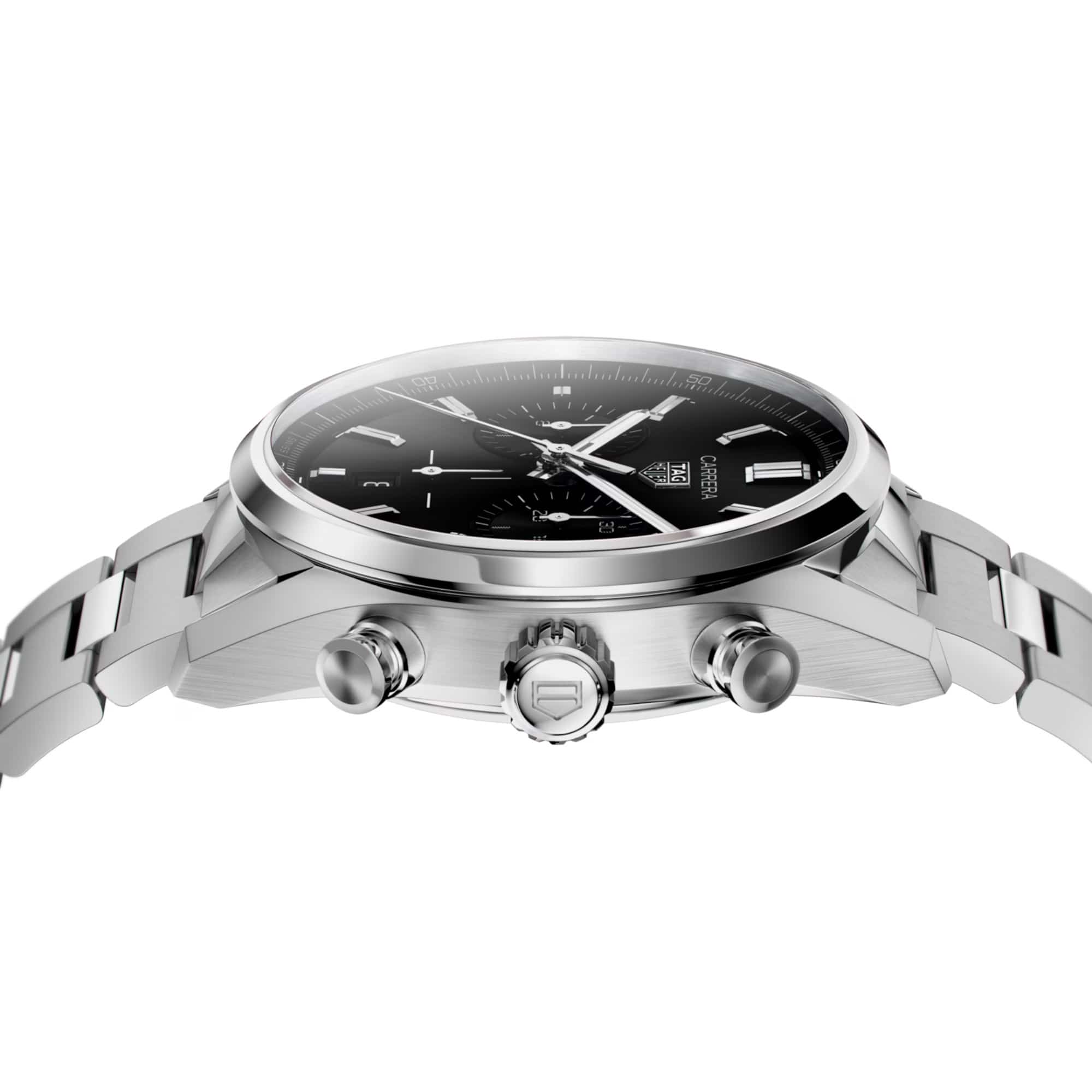 TAG Heuer Carrera Chronograph CBN2010.BA0642 photographed from a side profile, showing the case thickness and chronograph pusher placement at 2 and 4 o'clock. The steel bracelet and push-pull crown are visible together in frame.