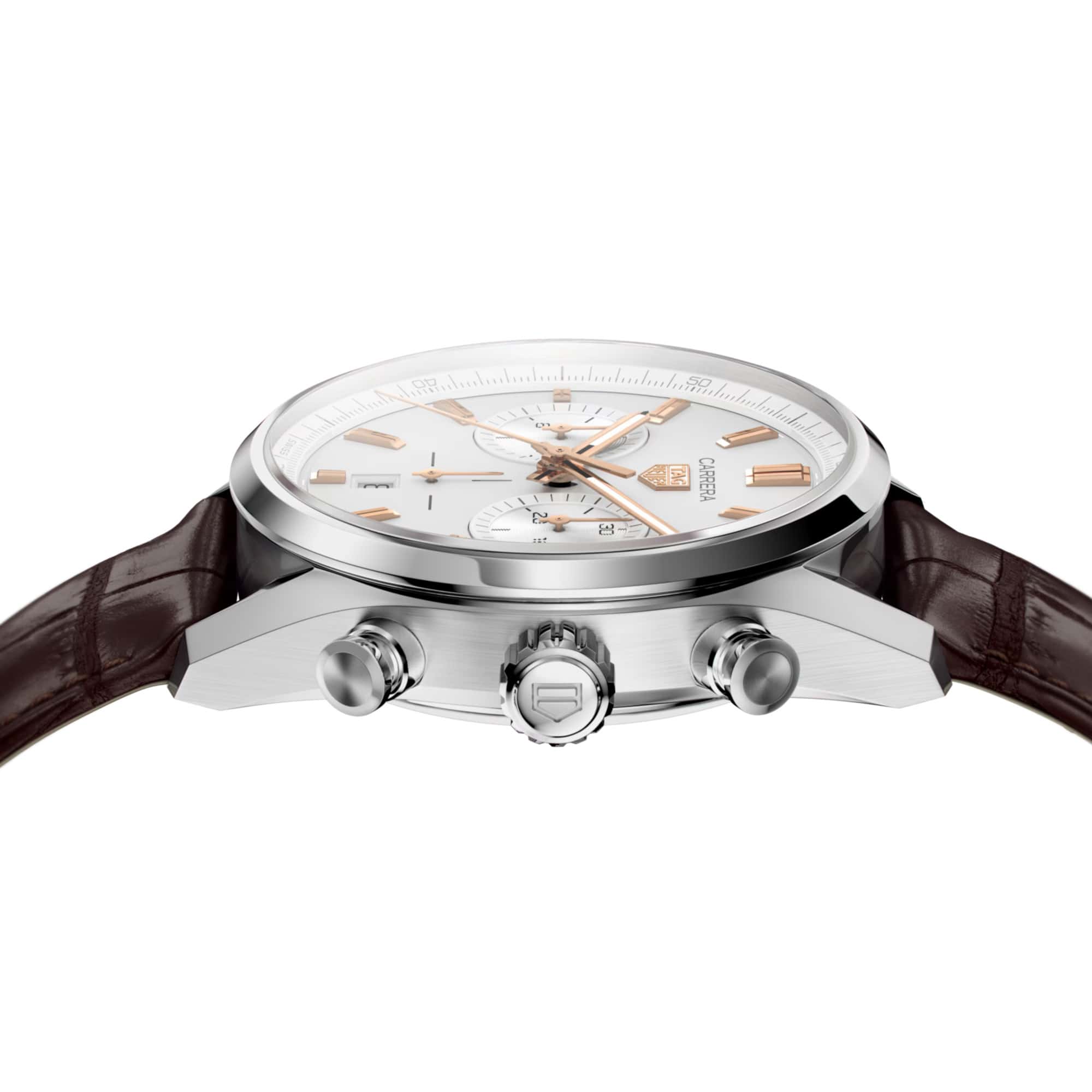 TAG Heuer Carrera Chronograph CBN2013.FC6483 photographed from a side profile, showing the case thickness and chronograph pusher placement. The brown leather strap and push-pull crown are visible together in frame.