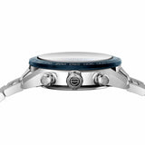 TAG Heuer Carrera Chronograph CBN2A1A.BA0643 photographed from a side profile, showing the case thickness and chronograph pusher placement. The steel bracelet and push-pull crown are visible together in frame.