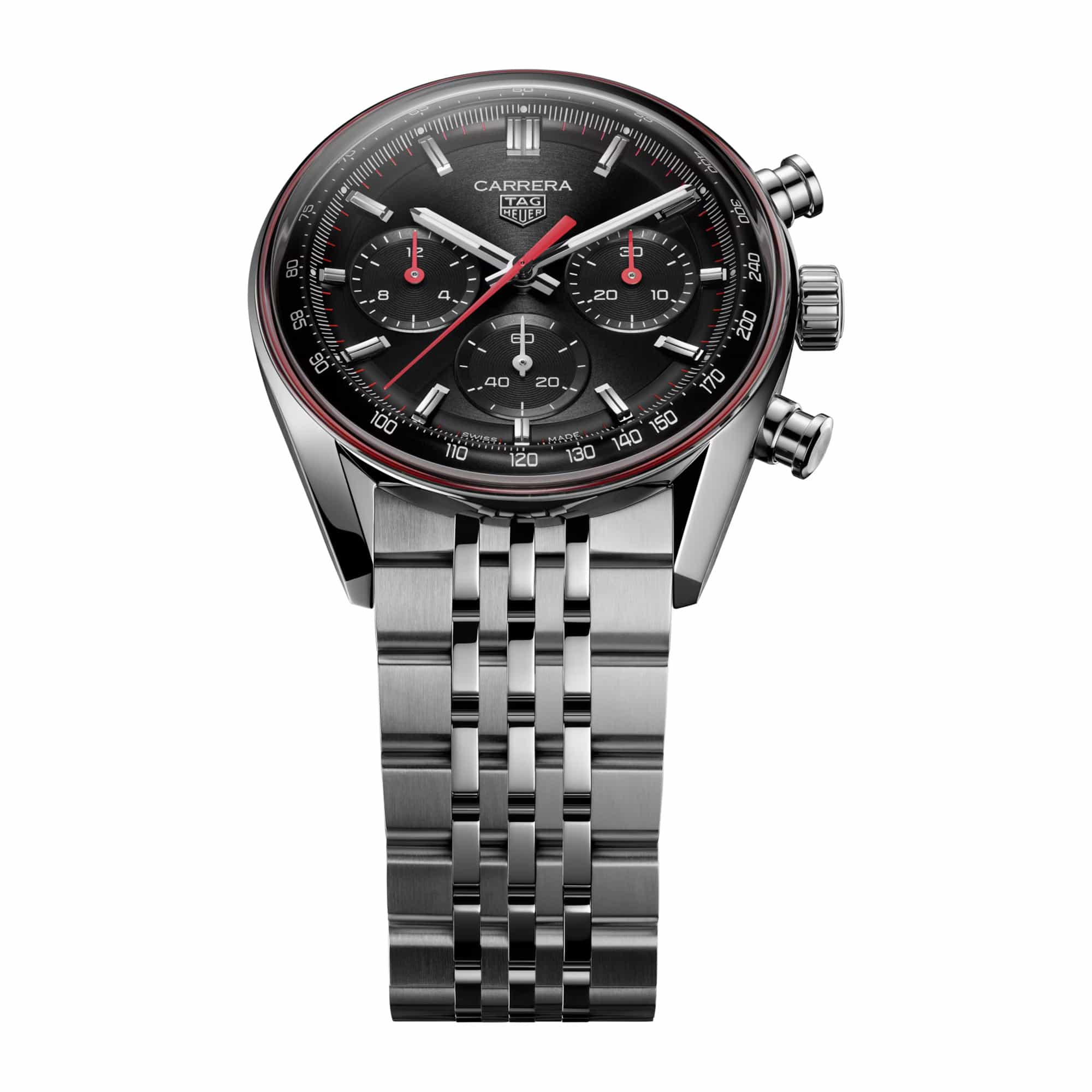 TAG Heuer Carrera Chronograph CBS2114.BA0053 photographed at an angle highlighting the black dial's red-lacquered chronograph hands and domed Glassbox crystal. The steel bracelet curves away from the lugs, showing its link construction.