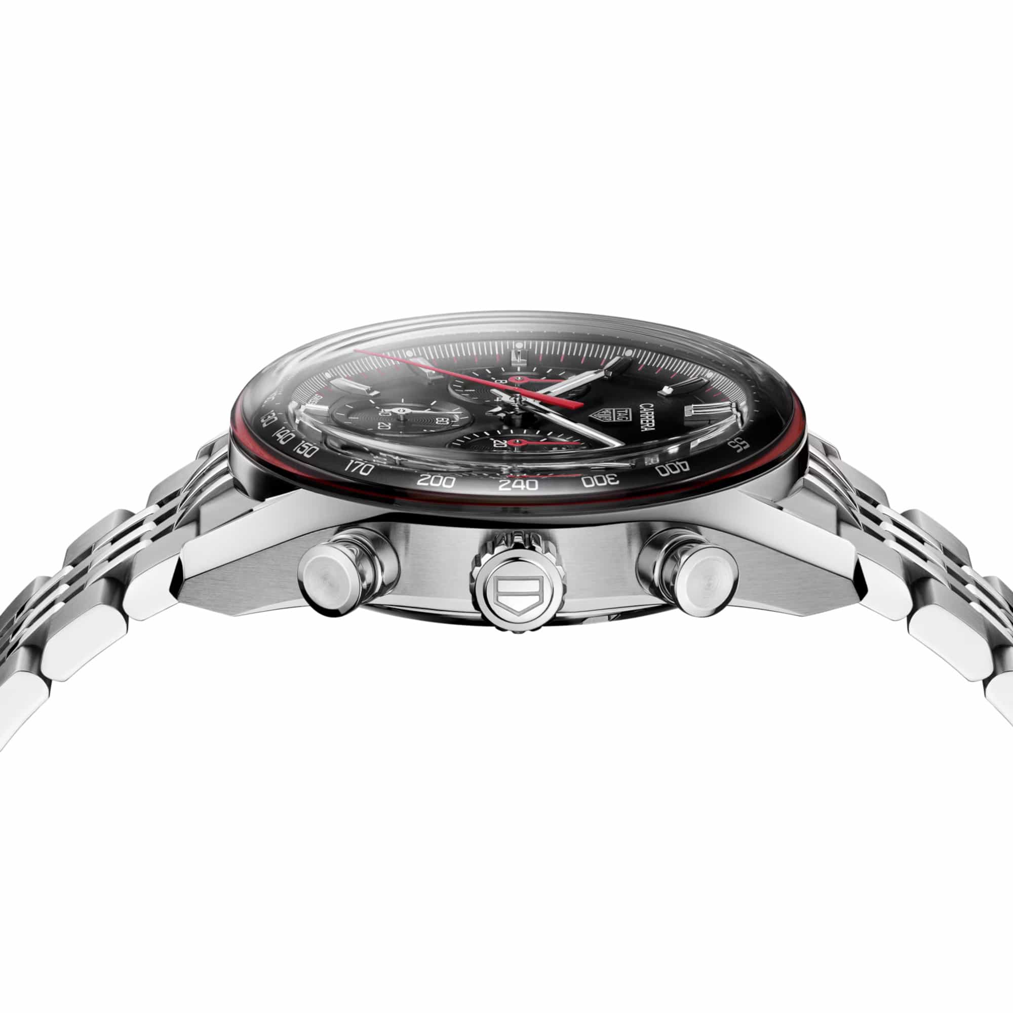 TAG Heuer Carrera Chronograph CBS2114.BA0053 photographed from a side profile, showing the domed Glassbox crystal and round pump push-buttons. The steel bracelet and crown are visible together in frame.