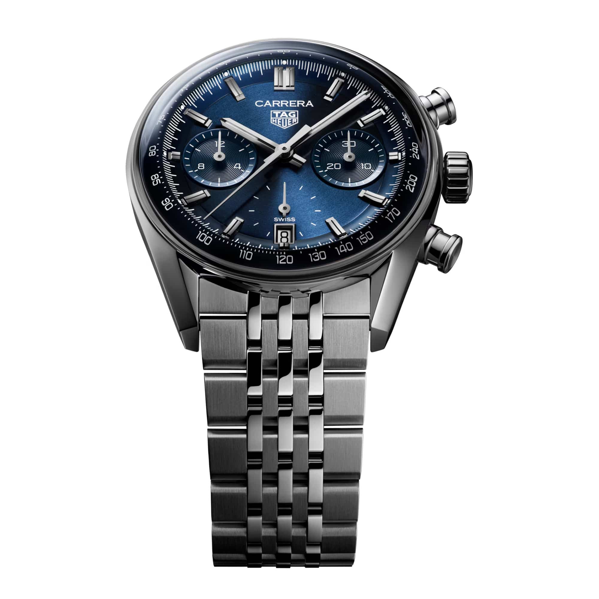 TAG Heuer Carrera Chronograph CBS2212.BA0048 photographed at an angle highlighting the blue dial's domed sapphire crystal and bezel-free case. The steel bracelet curves away from the lugs, showing its link construction.