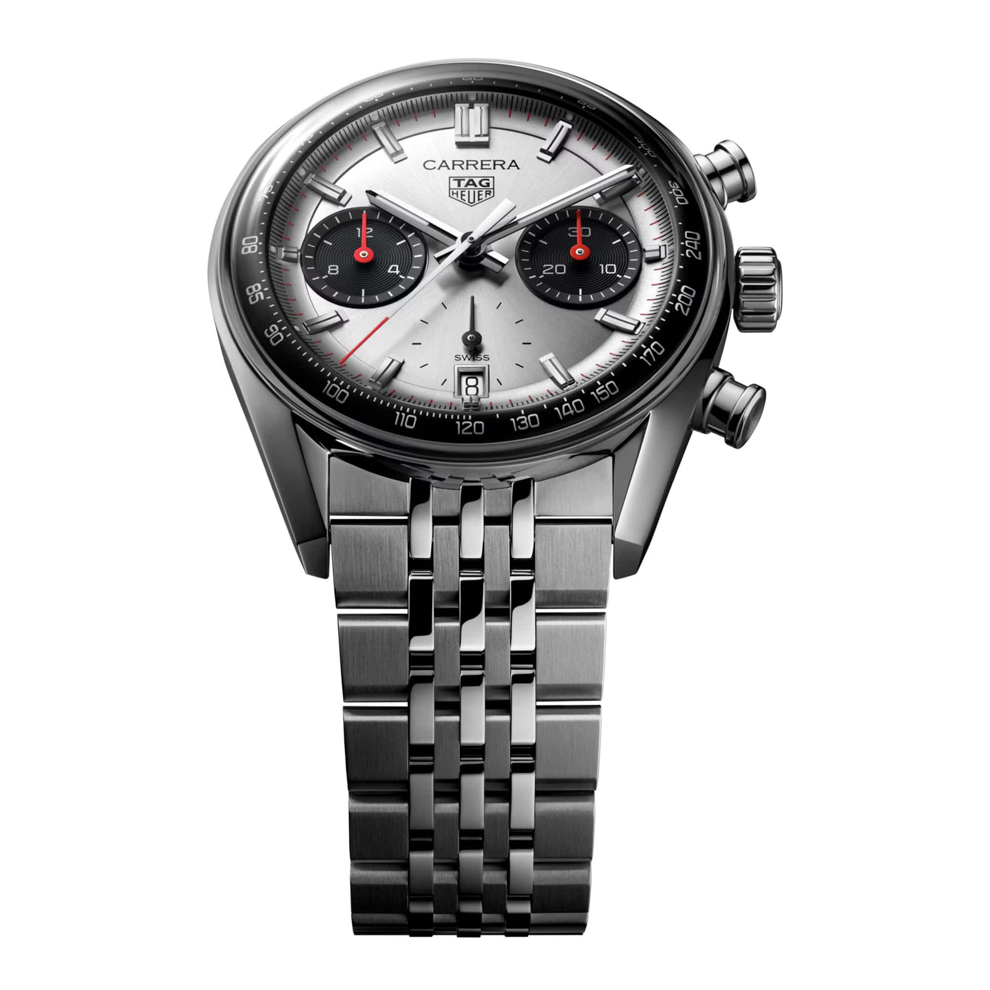 TAG Heuer Carrera Chronograph CBS2216.BA0048 photographed at an angle highlighting the silver dial's Panda bi-compax layout and domed sapphire crystal. The steel bracelet curves away from the lugs, showing its link construction.