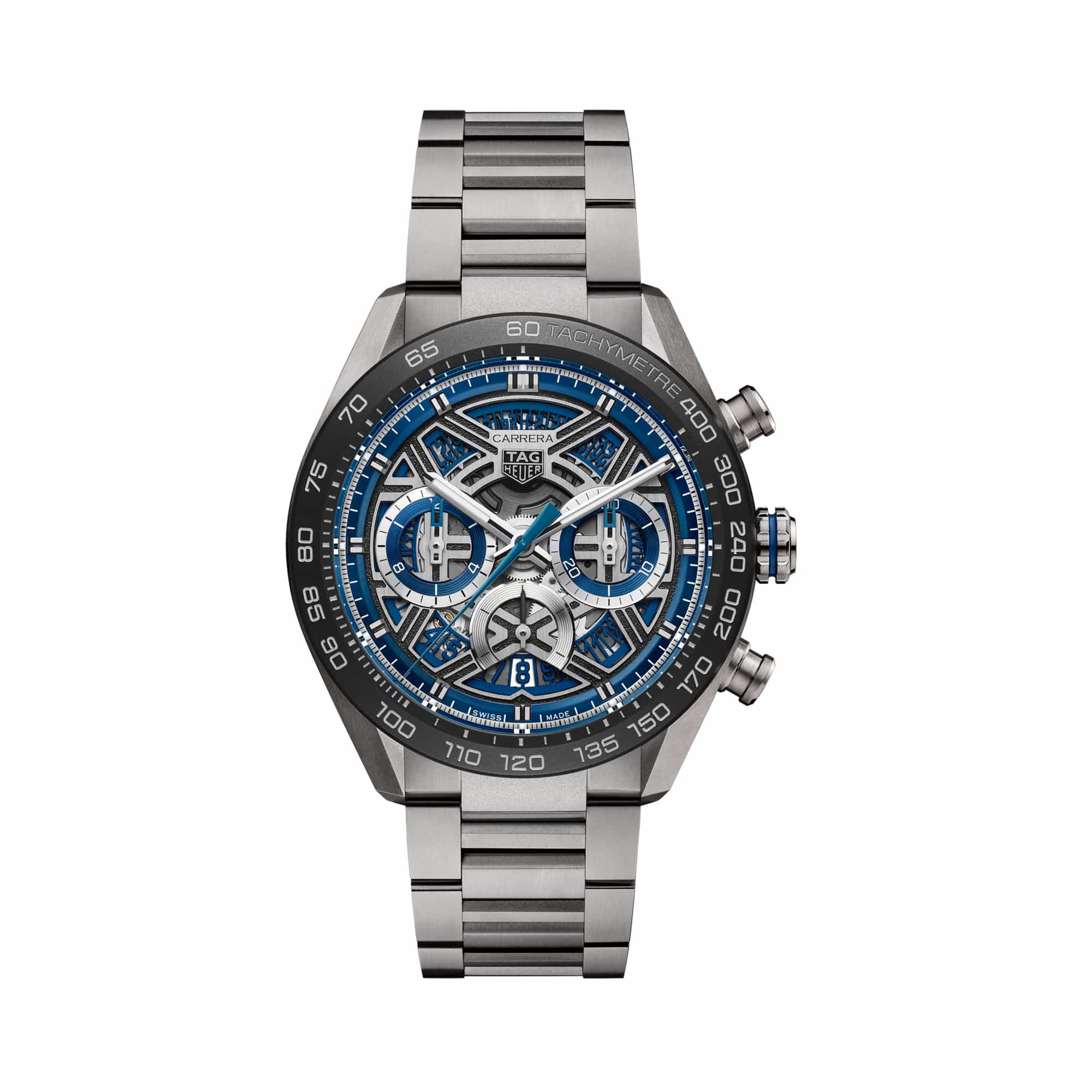 TAG Heuer Carrera Chronograph Extreme Sport CBU2081.BF0007 shown face-on with its openworked dial and blue flange fully visible. The titanium H-shape bracelet is displayed straight down, showing its fine-brushed and sandblasted link pattern.