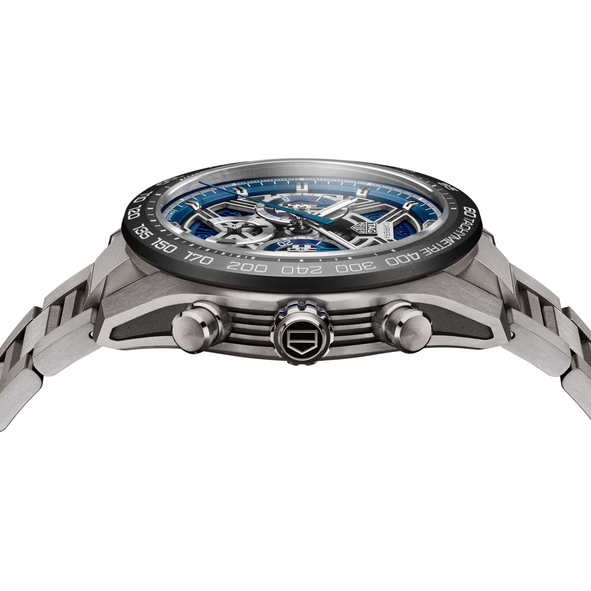 TAG Heuer Carrera Chronograph Extreme Sport CBU2081.BF0007 photographed from a side profile, showing the case thickness and titanium grade 5 crown. The titanium bracelet and black ceramic bezel are visible together in frame.