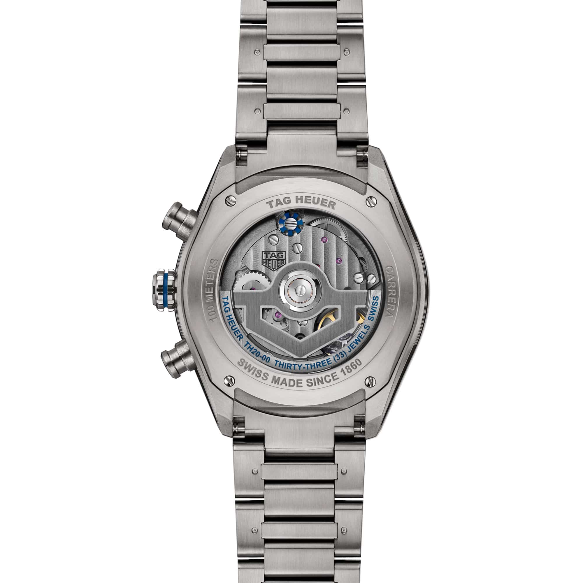 TAG Heuer Carrera Chronograph Extreme Sport CBU2081.BF0007 shown through the sapphire exhibition caseback, revealing the Calibre TH20-00 automatic movement. The titanium bracelet is visible alongside the case-back detail.