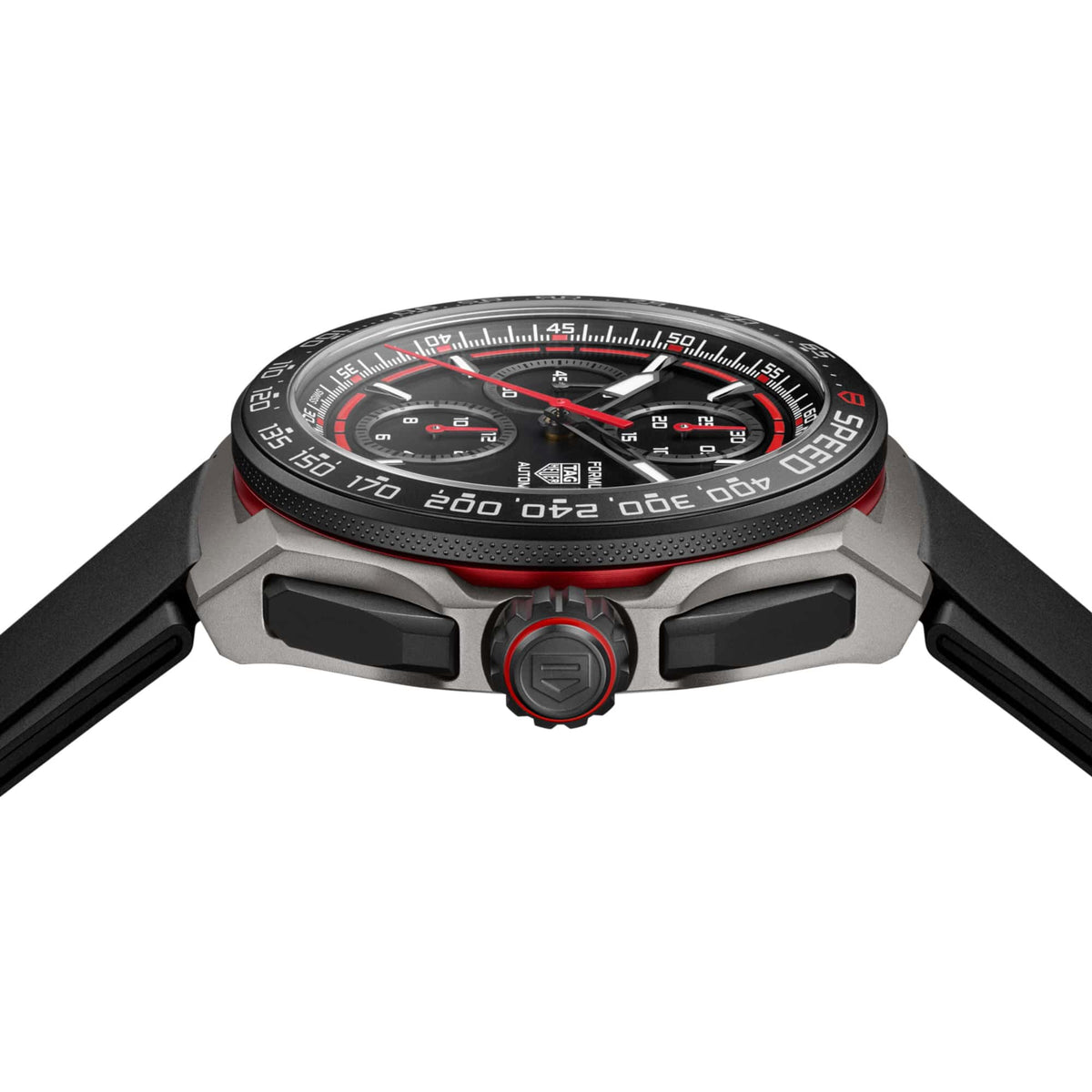 TAG Heuer Formula 1 Chronograph CBZ2082.FT8096 photographed from a side profile, showing the case thickness and DLC-coated screw-down crown. The black rubber strap and chronograph pushers are visible together in frame