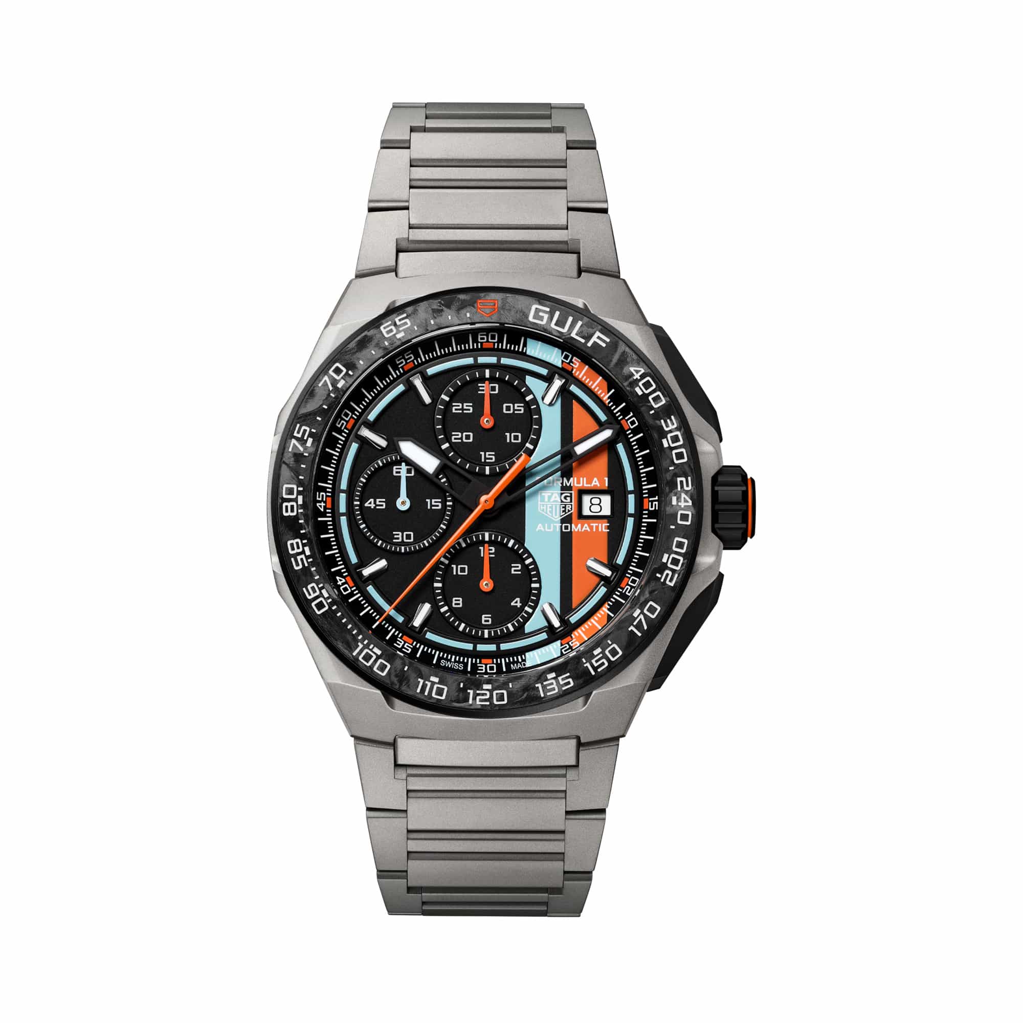 TAG Heuer Formula 1 Chronograph x Gulf CBZ208B.BF0009 shown face-on with its black opalin dial and Gulf's blue and orange stripes fully visible. The titanium bracelet is displayed straight down, showing its sand-blasted link pattern.