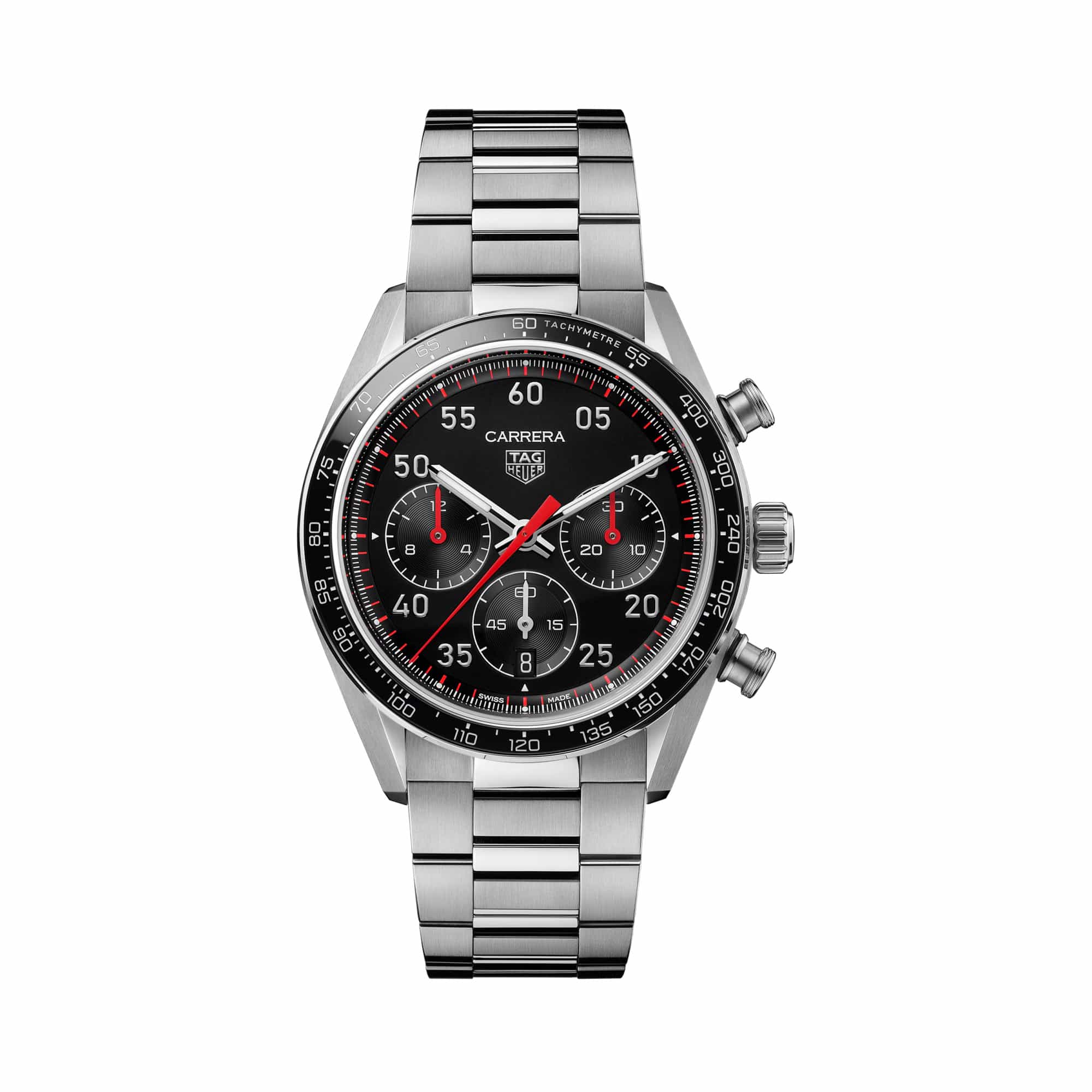 TAG Heuer Carrera Chronograph Sport CDB2110.BA0054 shown face-on with its black opalin dial and azuré subdials fully visible. The H-shaped steel bracelet is displayed straight down, showing its fine-brushed and polished link pattern.