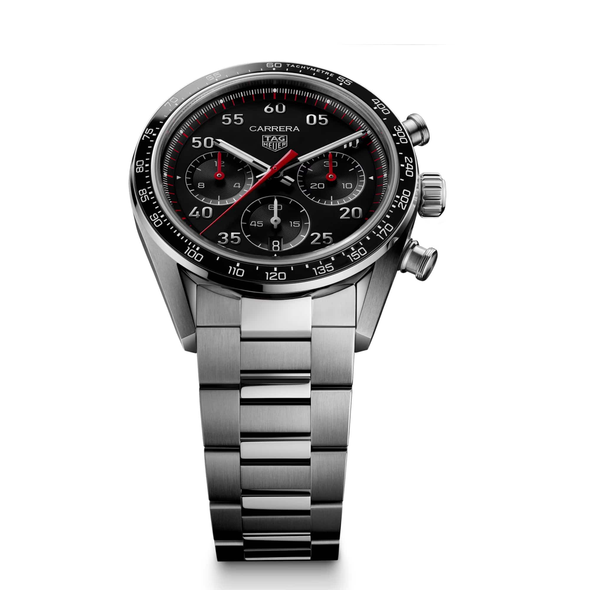 TAG Heuer Carrera Chronograph Sport CDB2110.BA0054 photographed at an angle highlighting the black dial's white and red flange markings and ceramic bezel. The steel bracelet curves away from the lugs, showing its link construction.