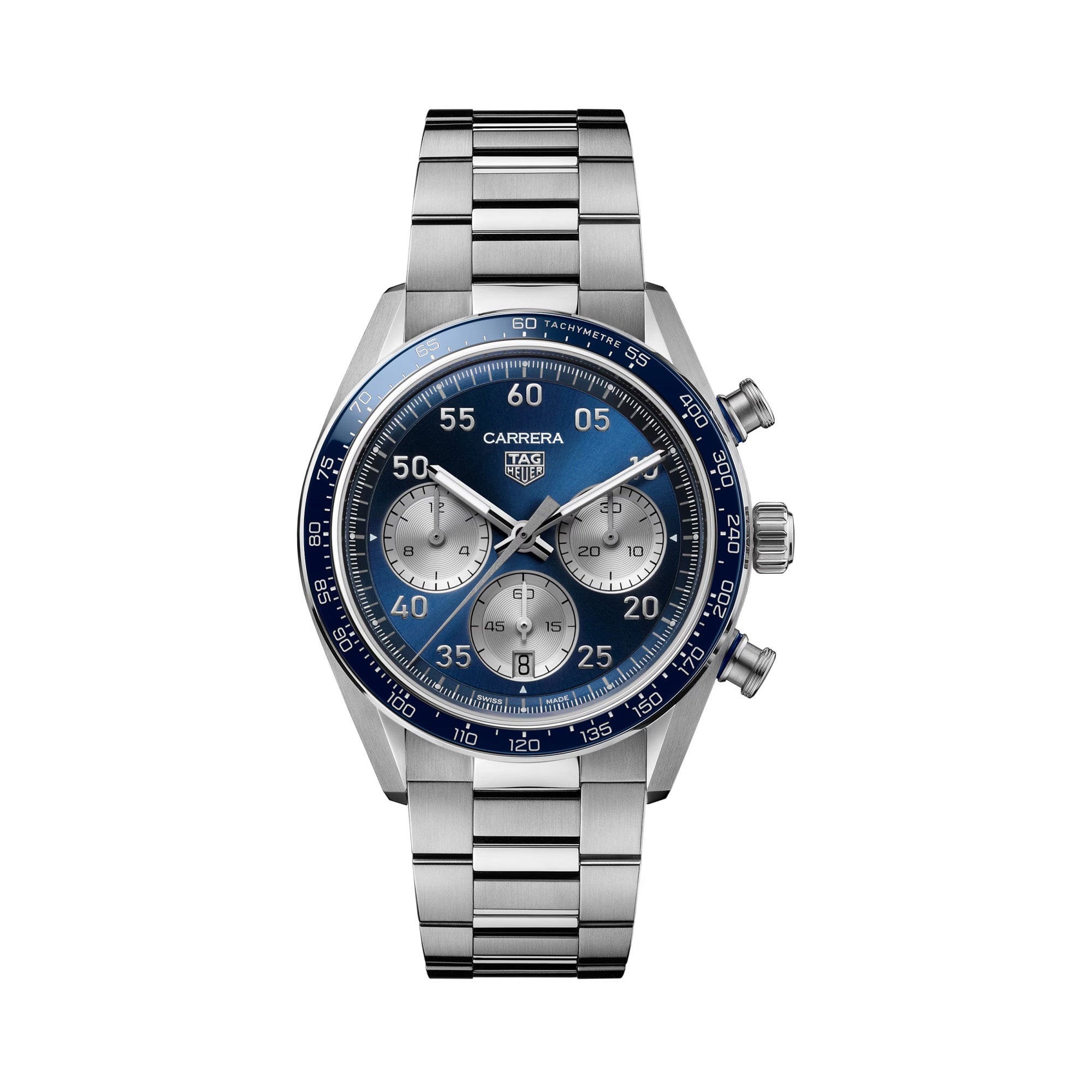 TAG Heuer Carrera Chronograph Sport CDB2111.BA0054 shown face-on with its deep blue dial and silver azuré counters fully visible. The H-shaped steel bracelet is displayed straight down, showing its fine-brushed and polished link pattern.