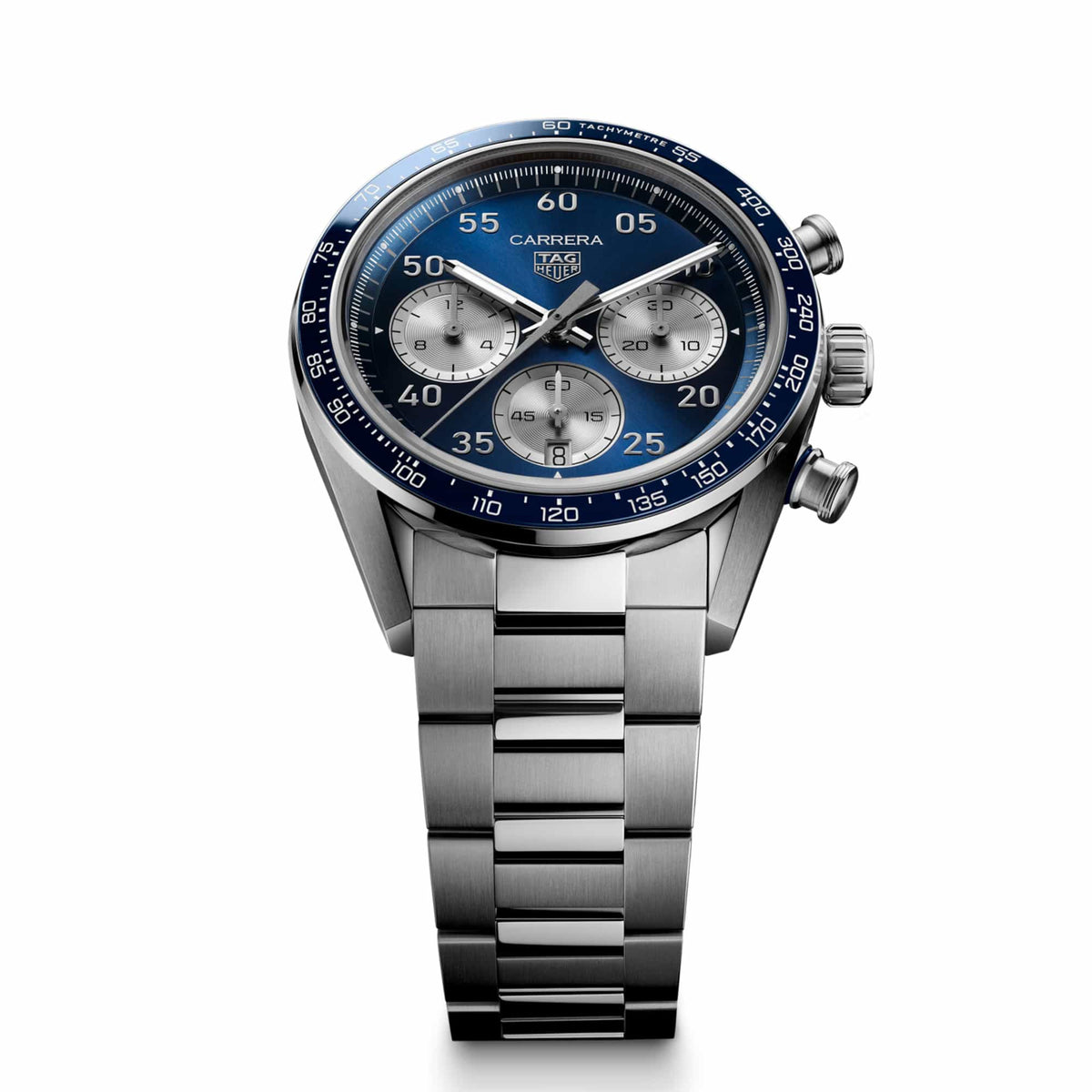 A luxury wristwatch featuring a stainless steel link bracelet, a blue dial with three subdials, and a blue and white bezel, shown on a clean white background.