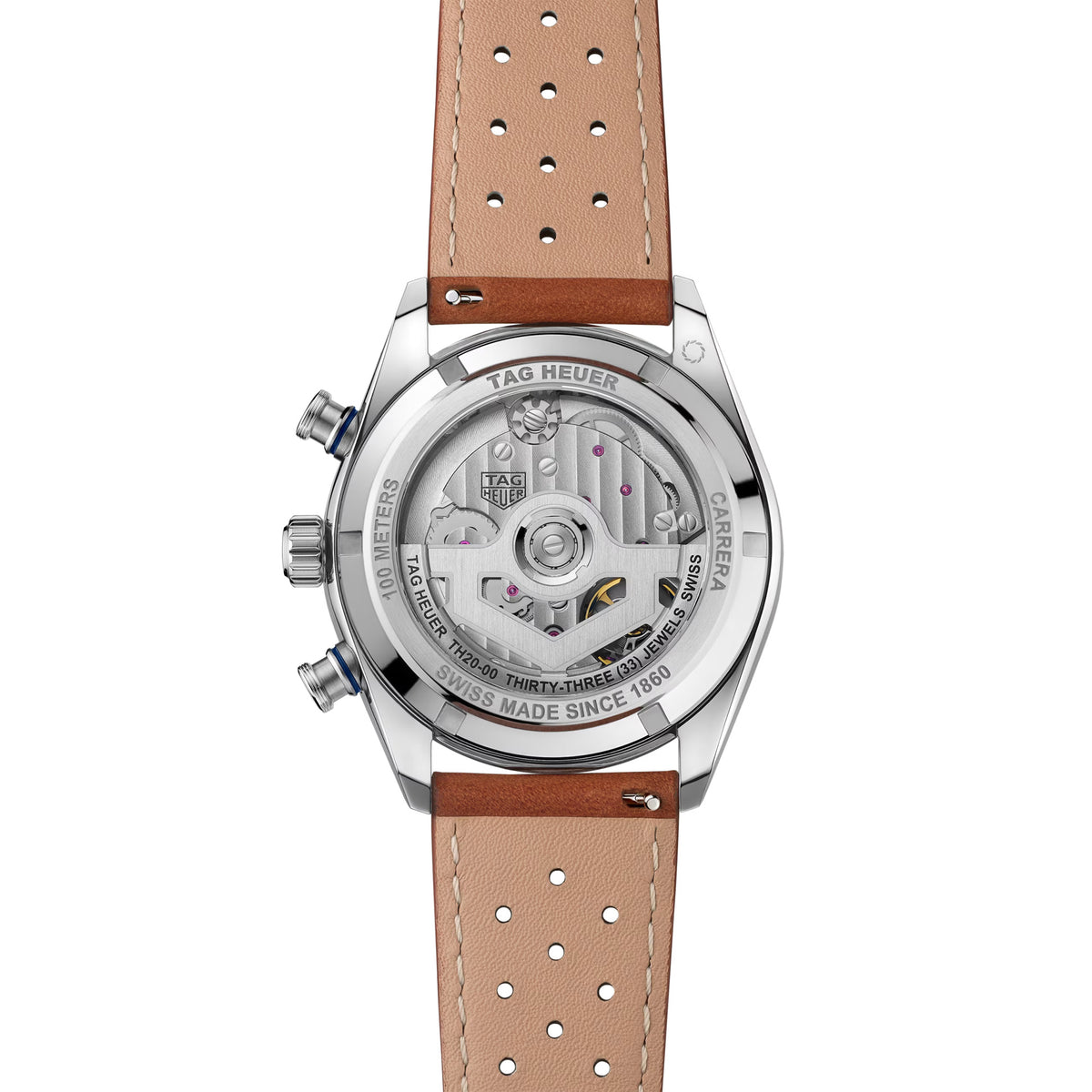 TAG Heuer Carrera Chronograph Sport CDB2111.FC8378 shown through the sapphire exhibition caseback, revealing the Calibre TH20-00 automatic movement. The brown leather strap is visible alongside the case-back detail.