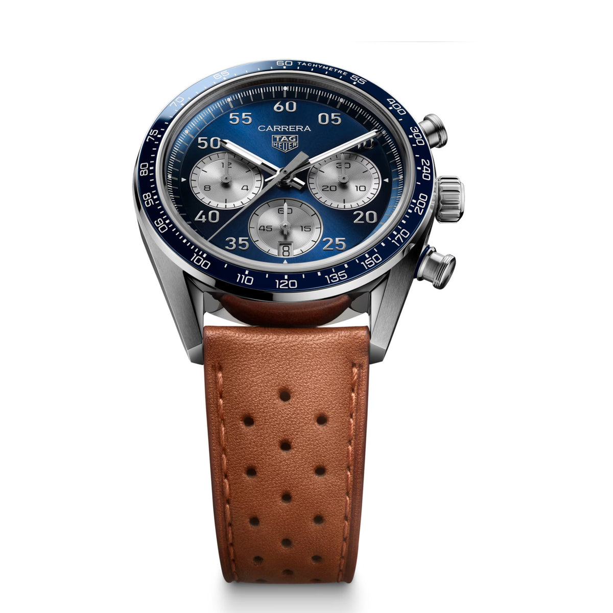 TAG Heuer Carrera Chronograph Sport CDB2111.FC8378 photographed at an angle highlighting the blue dial’s grey-lacquered chronograph hands and blue ceramic bezel. The brown leather strap curves away from the lugs, showing its perforated texture.