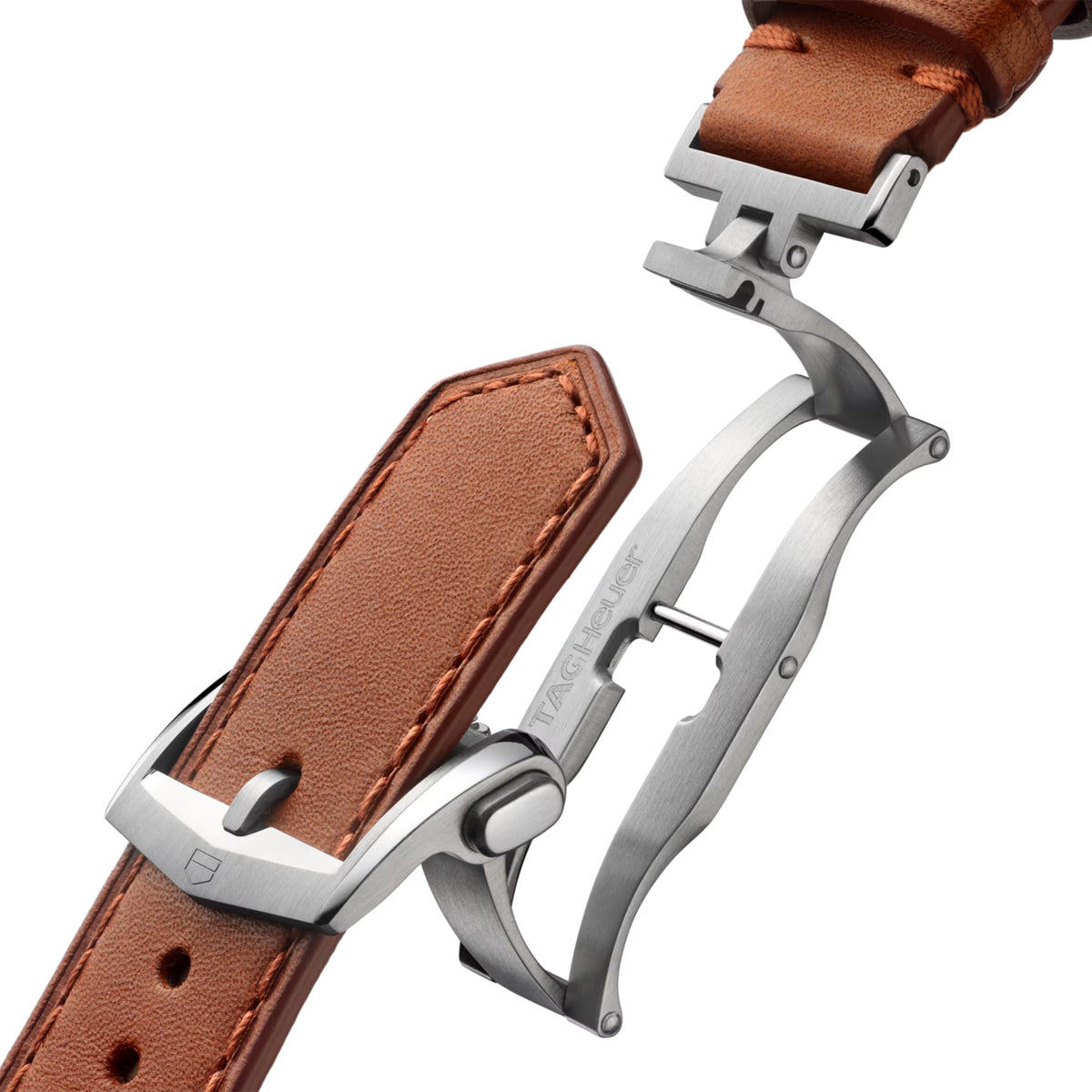 TAG Heuer Carrera Chronograph Sport CDB2111.FC8378 photographed in close-up focusing on the steel pin buckle folding clasp with double safety push-buttons. The brown perforated leather strap is visible connecting to the clasp mechanism.