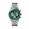 TAG Heuer Carrera Chronograph Sport CDB2112.BA0054 shown face-on with its teal green dial and silver azuré counters fully visible. The H-shaped steel bracelet is displayed straight down, showing its fine-brushed and polished link pattern.