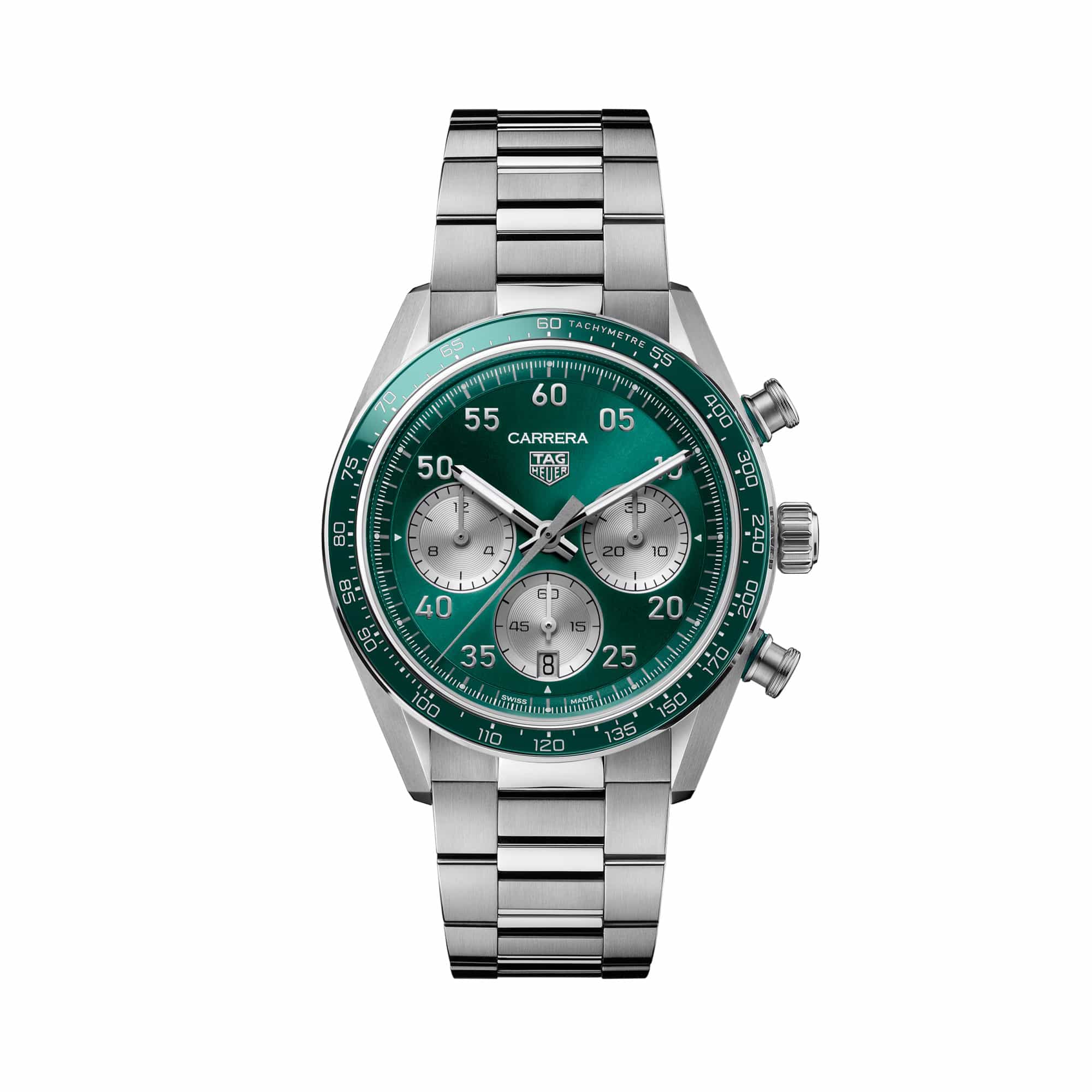 TAG Heuer Carrera Chronograph Sport CDB2112.BA0054 shown face-on with its teal green dial and silver azuré counters fully visible. The H-shaped steel bracelet is displayed straight down, showing its fine-brushed and polished link pattern.
