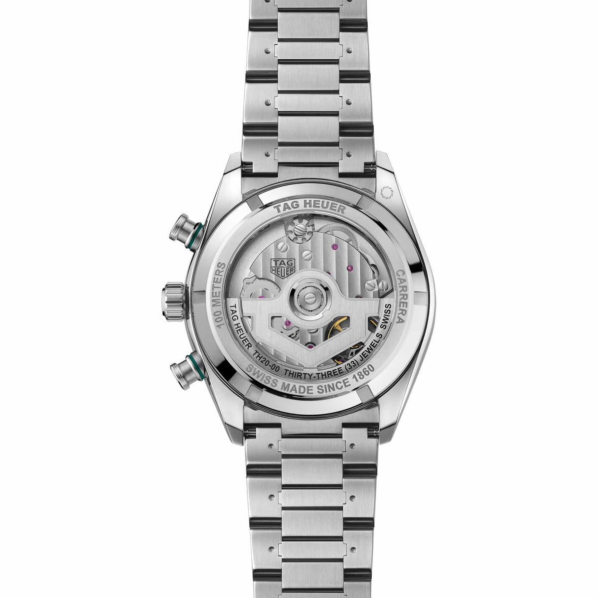 TAG Heuer Carrera Chronograph Sport CDB2112.BA0054 shown through the sapphire exhibition caseback, revealing the Calibre TH20-00 automatic movement. The steel bracelet is visible alongside the case-back detail.