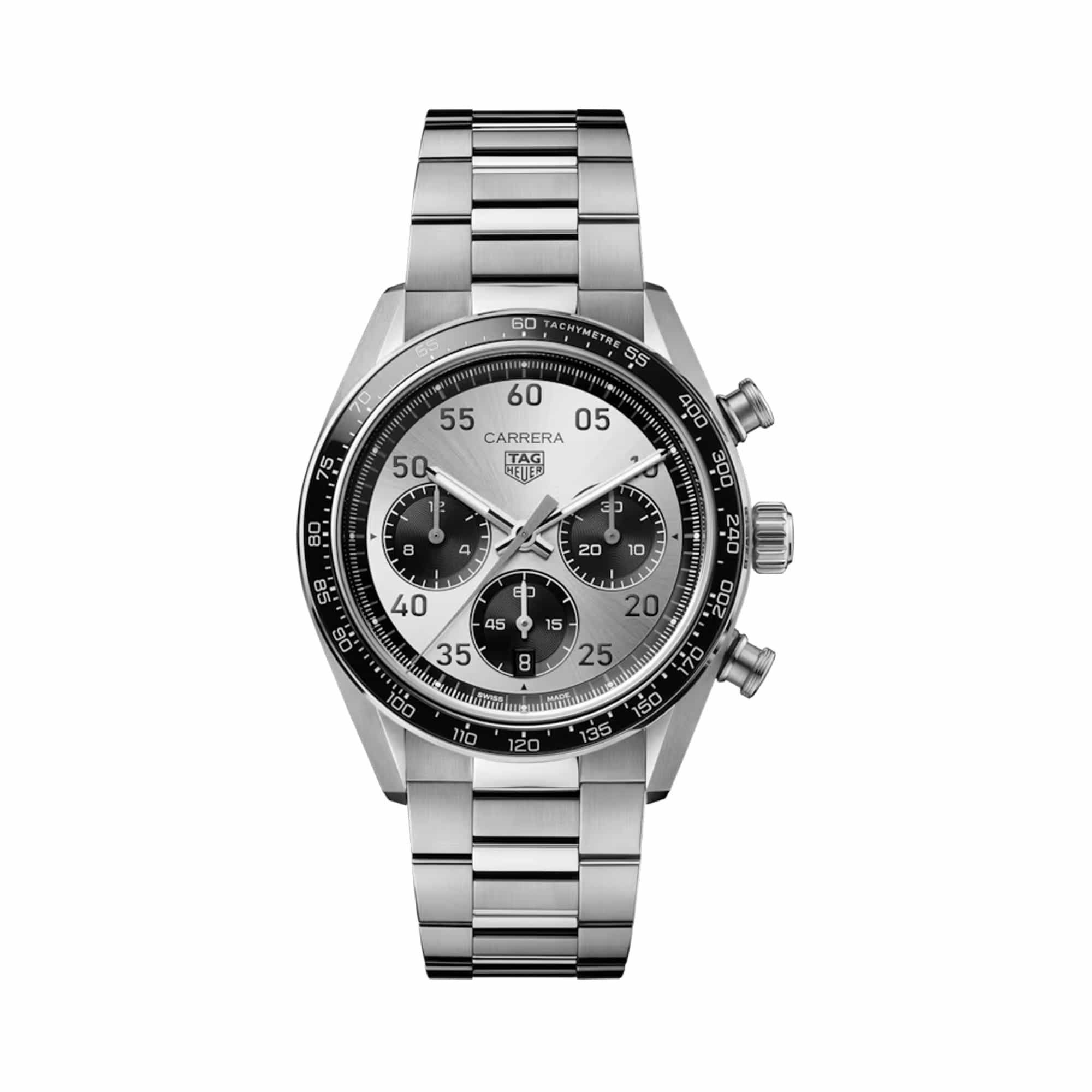 TAG Heuer Carrera Chronograph Sport CDB2113.BA0054 shown face-on with its silver Panda dial and black azuré counters fully visible. The H-shaped steel bracelet is displayed straight down, showing its fine-brushed and polished link pattern.