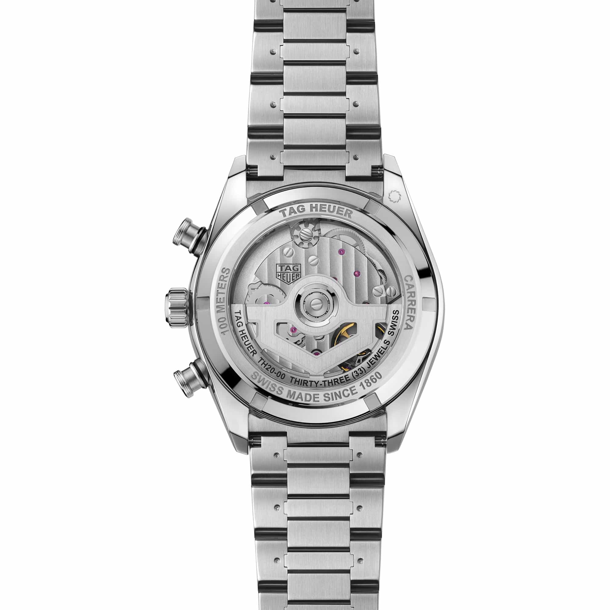 TAG Heuer Carrera Chronograph Sport CDB2113.BA0054 shown through the sapphire exhibition caseback, revealing the Calibre TH20-00 automatic movement. The steel bracelet is visible alongside the case-back detail.