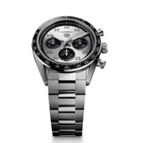 TAG Heuer Carrera Chronograph Sport CDB2113.BA0054 photographed at an angle highlighting the silver dial's black azuré counters and black ceramic bezel. The steel bracelet curves away from the lugs, showing its link construction.
