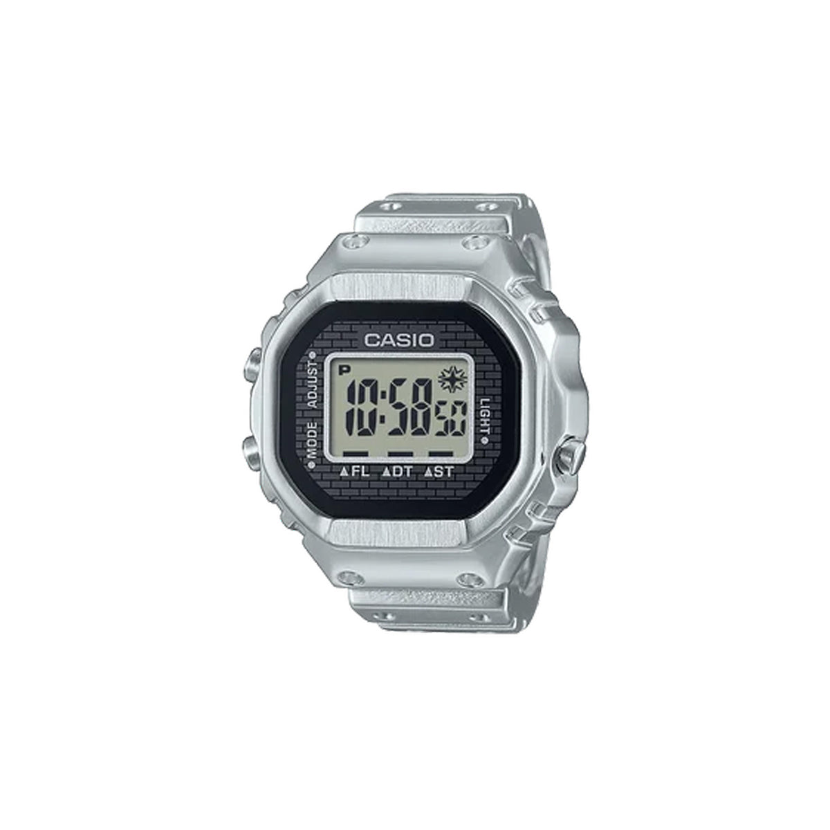 Front-on view of the Casio Ring Watch Digital 25mm Watch CRW001-1D, in a stainless steel finish with a digital LCD display. The octagonal bezel shape and dimpled band texture echo Casio's classic G-SHOCK design in miniature.