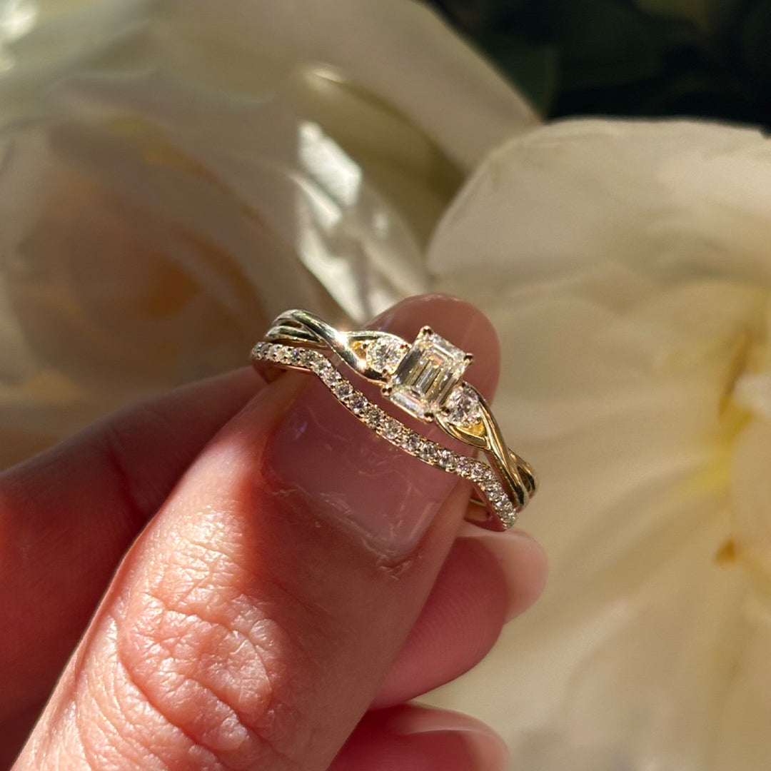 Everlasting Promise 0.60ct TW Emerald Cut Lab-Grown Diamond with Round Brilliant Side Accent Ring Set in 9ct Yellow Gold