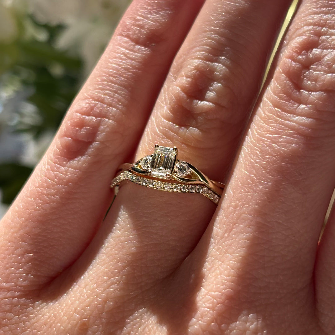 Everlasting Promise 0.60ct TW Emerald Cut Lab-Grown Diamond with Round Brilliant Side Accent Ring Set in 9ct Yellow Gold